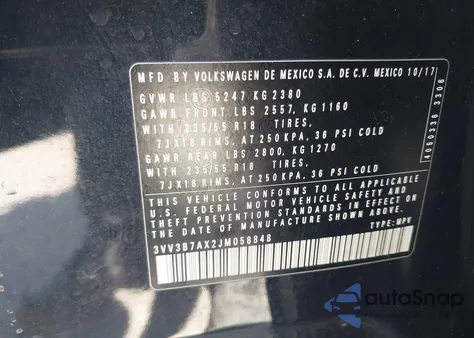 2018 Volkswagen Tiguan 2.0T Se/2.0T Sel from USA, damaged, VIN 3VV3B7AX2JM058848